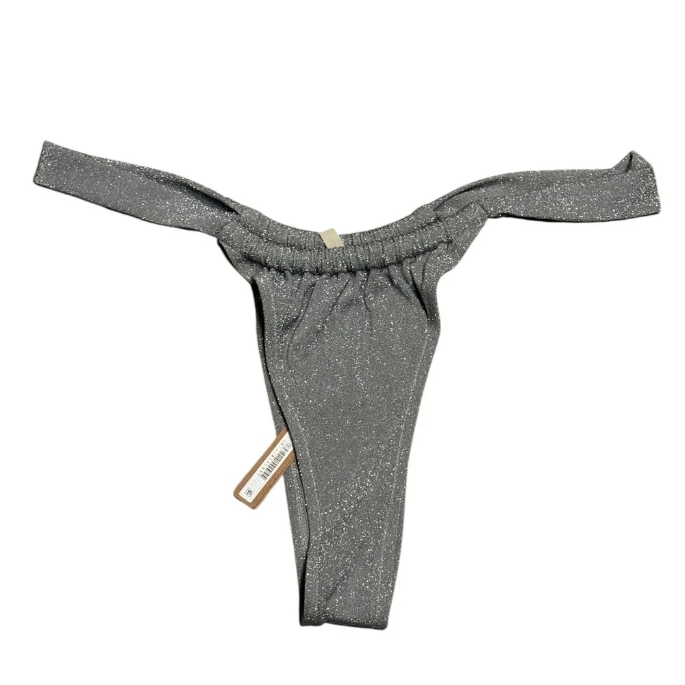 SKIMS Metallic Swim Tanga Bikini Bottom Nickel Silver Sparkle SW-TAN-0107 4X NEW